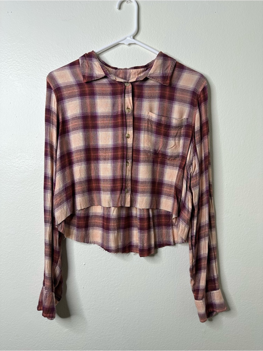 Lucky Brand Cropped Plaid Button-Up Shirt in Pink and Purple